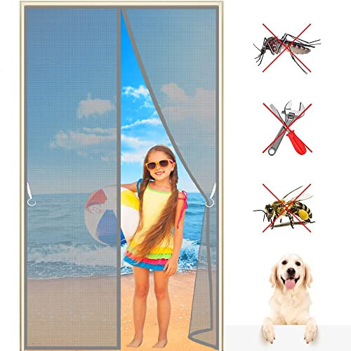 Fliegengitter Tür Magnetisch 215x235 cm Magnet Fliegengitter Balkontür, Magnete von Oben nach Unten, Hochdichtes Netz Insektengitter Lamellenvorhang, 993 Größe Grau