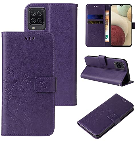 LBH Handy Hülle für Samsung Galaxy A12 Case Handytasche Schmetterling Blumen Flower Standfunktion Schutzhülle Magnet Rundum Schutz 360 Grad Flipcase Cover Violett