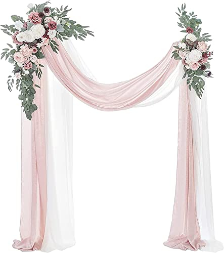 Tkasniy Hochzeitsbogen Blumen Set, Burgunderrot (4 Stück), 2 künstliche weiße Rosenbogen-Swags mit 2 Blumen, Bogen-Drapierungsstoff, Eckblumen für die Hochzeitsdekoration in der Kirche