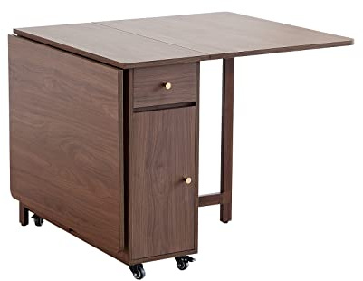 COMUHOME Mesa de comedor plegable extensible con 2 cajones y 4 ruedas para sala de estar, cocina, granja, ahorro de espacio, color nogal
