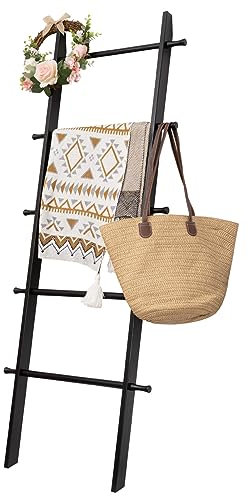HYBDAMAI Blanket Ladder, 5-Tier Wooden Quilt Stand, Decorative Ladder Shelf, Farmhouse Ladder Blanket Holder, Wall Leaning Blanket Ladder Towel Storage Rack for Living Room, Black