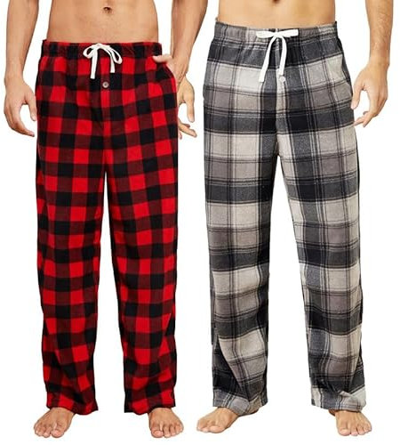 U2SKIIN Pyjamahose Herren lang kariert Schlafhose Schlafanzughosen für Herren Fleece Pyjama Hosen Nachtwäsche Freizeithose mit Taschen (Büffel Karo Rot+Grau Schwarz Kariert, L)