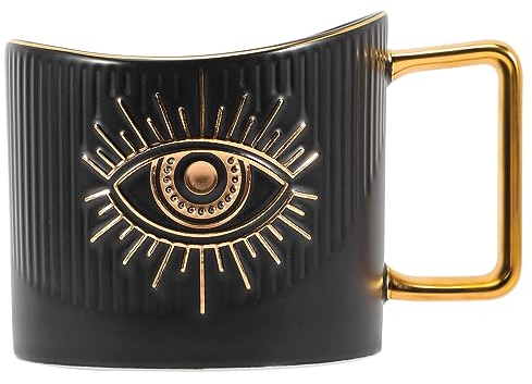 JTBDWOSK Keramik Tassen Kaffeetassen Teetassen Milch Tassen Frühstücktasse Cappuccino Tasse mit Böser Blick Nazar Augen Teebecher Kaffeebecher mit Henkel für Zuhause Büro,Schwarz
