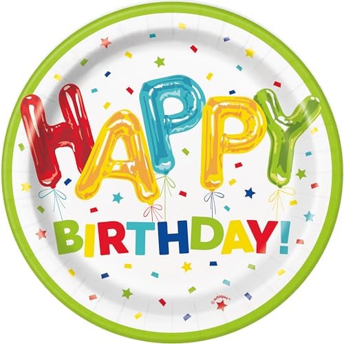 Unique- Assiettes en Carton Écologiques-18 cm-Fête d'anniversaire Happy Balloon-8 Pièces (Lot de 1), 73104EU, Multicolour