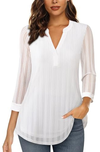 Vafoly Damen Bluse Blumen Tunika:Bluse Damen Elegant 3/4 Arm - Henley V-Ausschnitt Hemden - Casual Arbeit Oberteile - Locker Longshirt Lässige T-Shirt Langarm Hemd Bling Weiß L