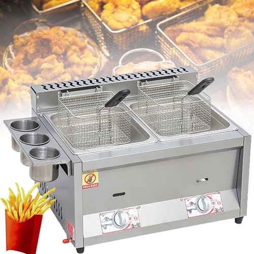 Friggitrice Professionale A Gas, Friggitrice GPL In Acciaio Inossidabile Di Grandi Dimensioni Da 8L/16L/24L, Controllo Della Temperatura Indipendente, Con Cestelli E Coperchio,8L+8L