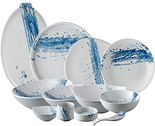 CCKUHN Set Combinati in PorcellanaSet di Stoviglie in Ceramica, Set di Piatti e Ciotole per Ristorante, Set Combinato di Stoviglie con Inchiostro Blu Splash da 36 Pezzi, Cena in Porcellan