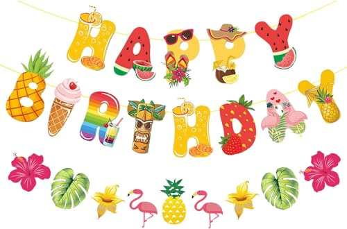 YULONGWU Hawaii Obst Thema Happy Birthday Banner, Blumen Palmenblätter Flamingo Ananas Tropical Geburtstag Girlande, Sommer Happy Birthday Girlande für Kinder Erwachsene Geburtstag Party Dekoration