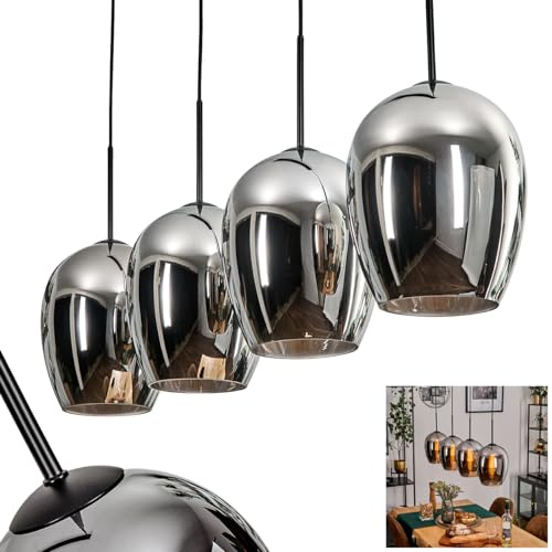 Pendelleuchte Vevino, Pendellampe aus Metall/Glas in Schwarz/Chromfarben, Leuchte im modernen Retro/Vintage-Design mit Schirmen aus Glas (Ø 20 cm), Höhe max. 154 cm, 4 x E27, ohne Leuchtmittel