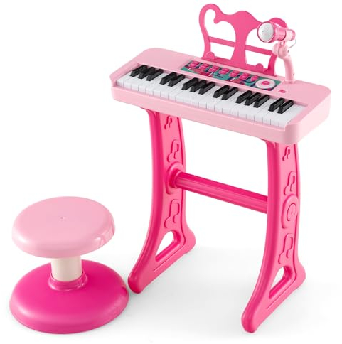 GOPLUS Kinderklavier mit 37 Tasten, Kinder Keyboard mit 22 Demos, 4 Tönen & 4 Rhythmen, Klaviertastatur Spielzeugklavier mit Mikrofon & Hocker, für Kinder ab 3 Jahren (Rosa)