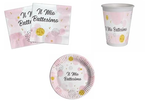 CUSTOM PRINT SHOPPING BATTESIMO ROSA Coordinato ADDOBBI TAVOLA BATTESIMO ROSA BAMBINA FESTA BATTESIMO party PER 16 OSPITI KIT(8 PIATTI,8 BICCHIERI,20 TOVAGLIOLI)
