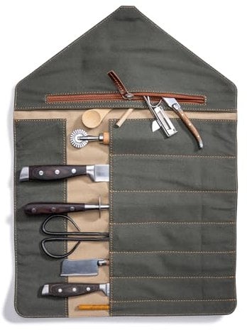 Angus Stoke Buffalo Leather Kitchen Knife Bag, Exclusive 7x Roll-Up Knife Bag with Extra Compartments - Gordon Leather Chef Bag, Brown, 57 cm x 57 cm x 38 cm, knife bag