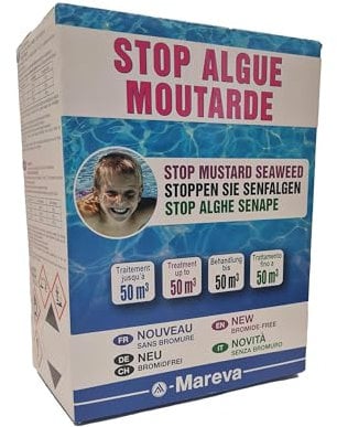 MAREVA - Traitement Anti-algues Moutarde – Élimine Rapidement Les algues Moutarde résistantes – Compatible Tous revêtements – Bouteille Pratique – 1 L Jaune