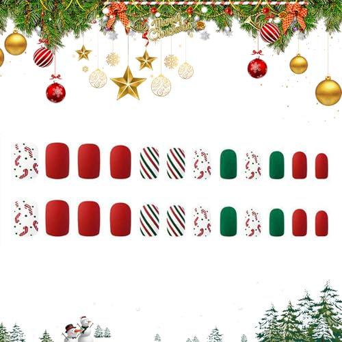 24 Stück Weihnachten Falsche Nägel Kurze Press on Nails Acryl Fingernägel Zum Aufkleben Weihnachten Press on Nails Kurz Kunstnägel Fake Nails für Frauen Mädchen