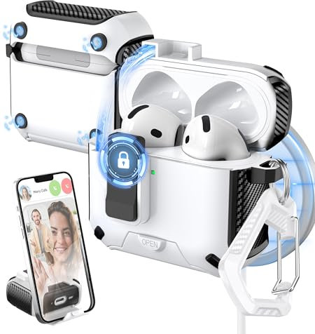 MHYALUDO para AirPods 4.ª generación Funda, Cierre automático magnético, Puerto de Carga a Prueba de Polvo y diseño de Soporte con Kit de Limpieza para AirPods 4 Funda, Negro blindado/Blanco Nieve