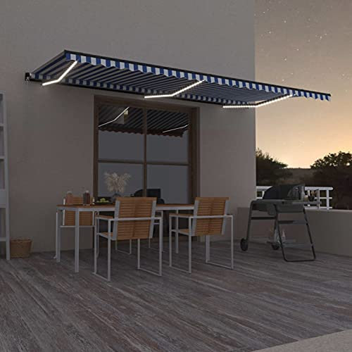 Juroupi Tenda da Sole Retrattile Manuale con LED 600x300cm Blu e Bianca,Anti UV,Tenda Sole Retrattile,Tende da Giardino-3069161
