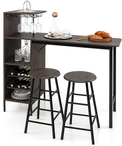 RELAX4LIFE Table Haute avec Tabouret, Mange Debout avec Porte-Verre, Porte-Bouteille, Étagères, Petite Table Bar Industrielle pour Cuisine Bistro Salle à Manger (Café)