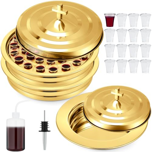 Zhehao Communion Set Holy Trays for Churches with Lid Communion Plates with Lid Churches Cups Filler and Disposable Cups Supplies(3 Pcs,Gold)