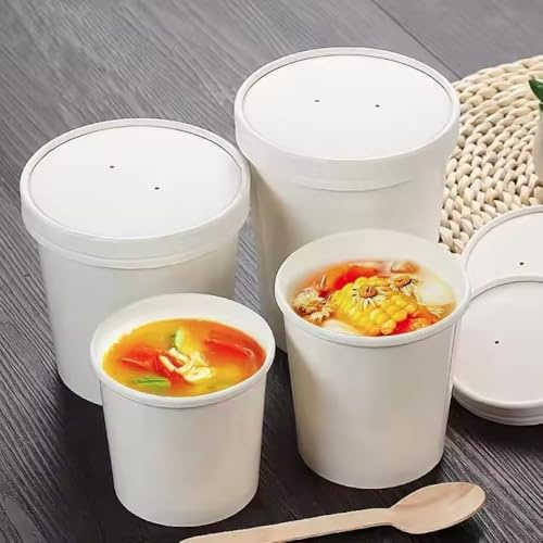 HOT BARGAINS Kraft Paper Soup Containers with Lids, Round Food Service Bowls for Hot and Cold Items, White, 32oz/900ml, Pack of 50
