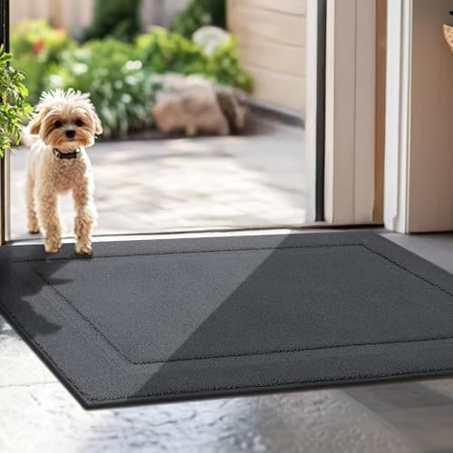 FEOMOS Door mats Indoor,Dirt Trapper Door Mat absorbent,Washable Rug Non Slip,Low Profile,Doormat Easy to Clean for Entrance Kitchen Stairs Pets and Dogs,Grey 60cm x 90cm