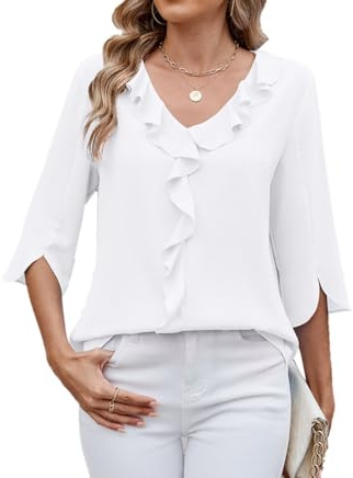 ROFUSSO Chemisier pour Femmes Tops Elégant à Manches Longues Chemisier d'affaires Hauts à Manches 3/4 et col en V à Volants Chemisier D'Été Décontracté(Blanc,M)