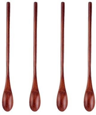 4 Stück Lange Löffel aus Holz, Honiglöffel Holz, Vintage Wiederverwendbare Holzdinnerutensilien, runde Löffel, Handgefertigte Naturholz Rührlöffel, für Haus Cafe Restaurant Camping, Reisen