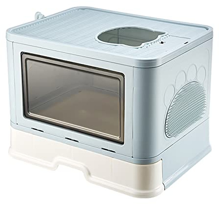 Grande Maison de Toilette Chat Pliable,Bac de Tiroir et Pelle à Litière,Portable,Bac à Litière Fermé Compartiment Inférieur Amovible pour Un Nettoyage Facile48,5 * 36,5 * 38 cm PP-Bleu
