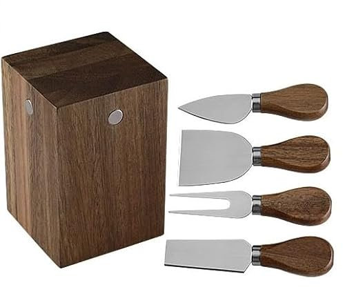 GlimNova Magnetic Cheese Knife Set with Acacia Wood Stand - 4-Piece Stainless Steel Set with Storage Block - Includes Knife, Fork, Spreader & Shovel - for Charcuterie Boards (Stainless Steel Color)