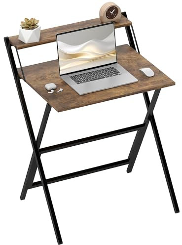 HOMCOM Folding Desk with Monitor Shelf, 70 cm Foldable Computer Desk for Small Spaces, Space Saving Writing Table Workstation for Home Office, Study, Easy Assembly, Rustic Brown