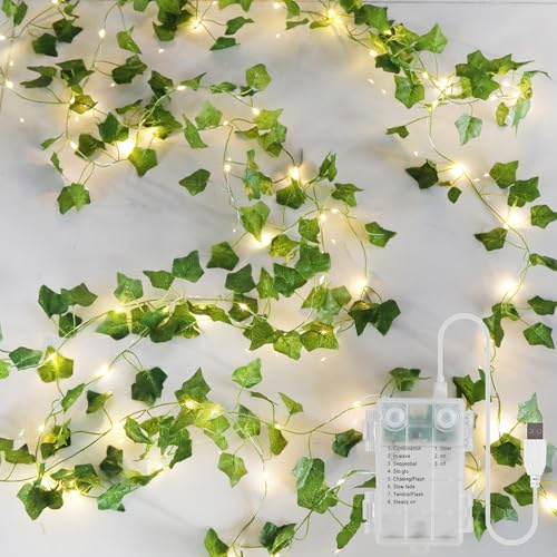 YOUNGAR Efeu-Ranken mit Lichterkette, Blatt-Lichterkette, batterie-/USB-betrieben, 73 LEDs, für Schlafzimmer, Wand, Zimmer, Hochzeit, Geburtstag, Garten, Party, Wanddekoration, Warmweiß