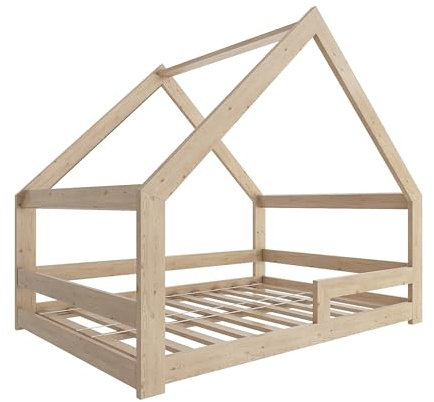 Need Sleep Kinderbett Haus Hausbett Bodentief 120x200 cm mit Rausfallschutz mit Lattenrost Bodenbett Montessori Bett ab 2 Jahre aus Holz Mädchen Junge Symmetrisch