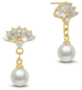 HANLI Gold Pearl Earrings for Women - S925 Sterling Silver Dainty Pearl Drop Simple Wedding CZ Dangle Dangling Cute Stud Earrings for Brides Earrings for Women Gifts