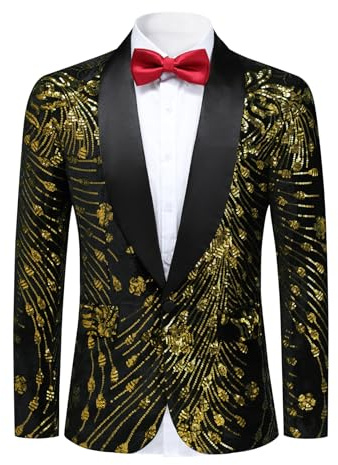 YFFUSHI Blazer Hombre 1 Botón Cuello Shawl Abertura Única Todo Año | Lentejuelas decorativas hombros curvos bolsillos volumétricos botones brillantes costuras precisas diseño elegante