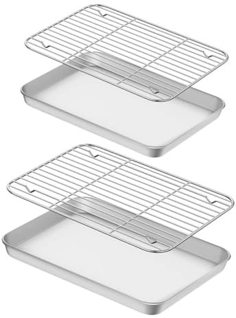 BIUDECO 2 Sets Stainless Steel Baking Tray Set with Cooling Rack of Baking for Oven Roasting Easy Clean Resistant for Cooking