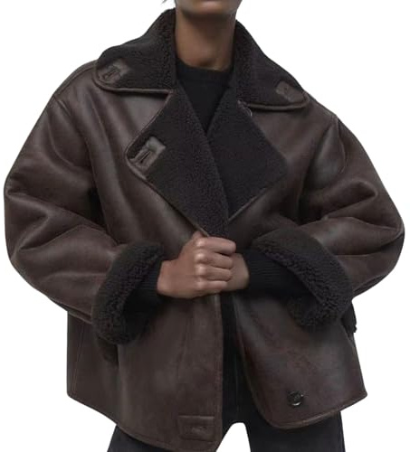 Veste en faux daim doublée de sherpa épais pour femme manteau en cuir surdimensionné veste de moto en polaire en peau de mouton retournée pardessus d'hiver pour motard (Marron,M)