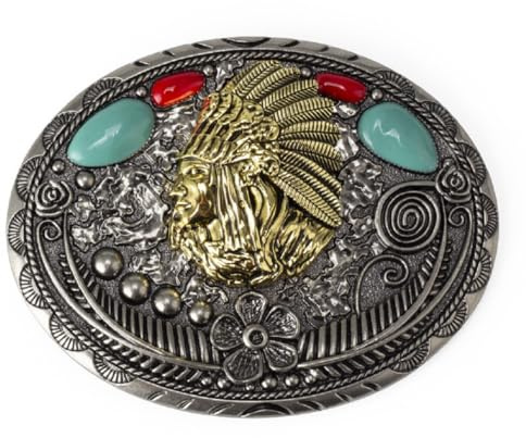 Fachoice Indianerhäuptlingkopf Gürtelschnalle für Herren Indianer Stammeshäuptling Türkis Western Gürtelschnalle Jahrgang Kriegerkopf Schmuck fur Herren