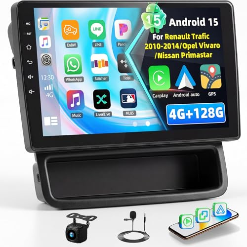 Android 15 4+128G Autoradio Bluetooth pour Renault Trafic 2010-2014/Opel Vivaro/Nissan Primastar avec CarPlay Android Auto sans Fil, 10 Écran Tactile avec GPS WiFi FM/RDS SWC Caméra de Recul & MIC