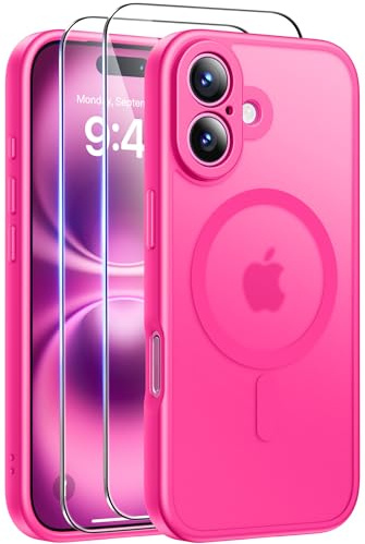 Qasyfanc Magnetica Cover per iPhone 16, Rosa | Compatibile con MagSafe,con 2 Pezzi Vetro Temperato Pellicola, Cover Clear Slim Fit Antiurto Militare Antigiallo