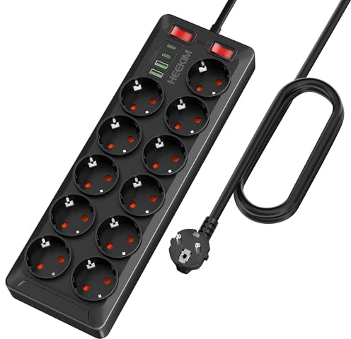 HEEKIM Regleta Enchufes USB, Regleta 4000W 16A con 11 Toma de Corriente y 2 USB-A y 2 USB-C Puertos, 2 Interruptores, Enchufe Multiple para Hogar, Oficina, Escuela (Negro)