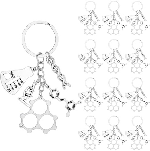 SUNNYCLUE 1 Box 20pcs Science Keychain Bulk DNA Key Chain Pack Silver Chemistry Atom Beaker Microscope Scientist Molecule Laboratory Teacher Keyring Set for Party Favors Handbag Charms Women Gift