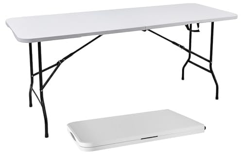 Spetebo XL Klapptisch weiß 180x68 cm mit Stahlgestell | Wetterfest, Klappbar mit Tragegriff, Für Garten Balkon Camping, Tragbar