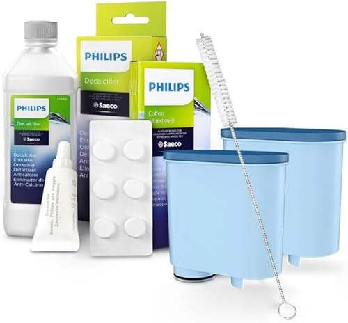 Wartungs-Set für Philips Kaffeevollautomaten – Entkalker 250 ml + CA6704/10 Entfetter + HD5061 Schmierfett + 2x Sillar Ersatzfilter CA6903 + Reinigungsbürste