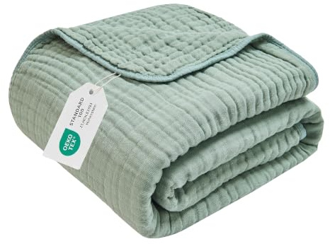 VANJOROY Musselin Tagesdecke 150x200cm-100% Baumwolle 6-Lagen Oeko-Tex Zertifizierte, Weiche Leichte Sommerdecke als Kuscheldecke, Bett-Überwurf, Baumwolldecke für Sofa und Bett. Grün