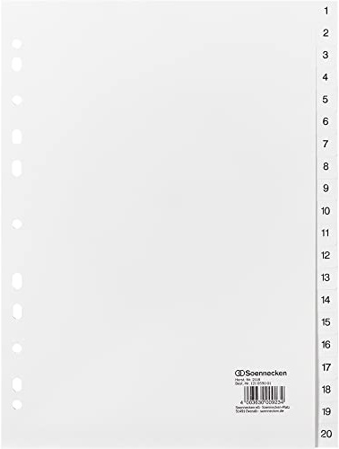 Soennecken Register 2118 DIN A4 1-20 volle Höhe PP weiß 20 St./Pack.