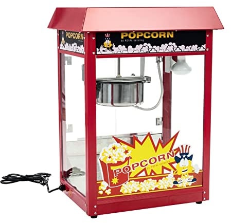 Royal Catering Palomitera Máquina Para Hacer Palomitas RCPR-16E (Rendimiento: 5 kg/h, 16 L/h,Tejadillo Rojo, Olla con Revestimiento de Teflón, 1500 W)