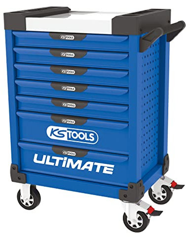 KS TOOLS - 804.0007 - Servante d'atelier Vide Ultimate 7 tiroirs - Caisse à Outil - Couleur Bleu - Plateau INOX - Porte flacons