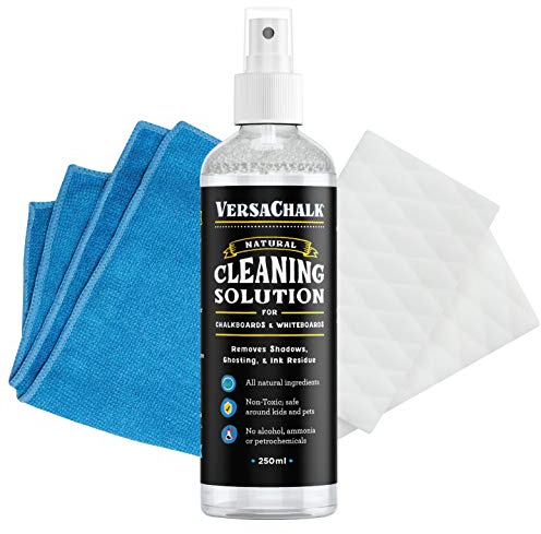 100% Natural Chalkboard Cleaner Spray and Eraser Kit by VersaChalk (250 mL) - Remove Liquid Chalk Marker Ink from Chalk Board Signs, Whiteboard, Dry Erase Marker Board, and Blackboard