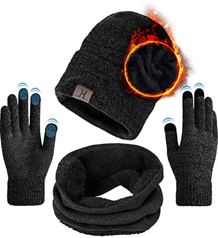 TMEOG Bonnet Homme Femme Hiver Echarpe Gants Ensemble Cache Cou Beanie Tour de Cou Gants de Écran Tactile, Bonnet Écharpe Polaire Snood Chaud Gants Tricoté pour Homme Femme(Classique_gris)