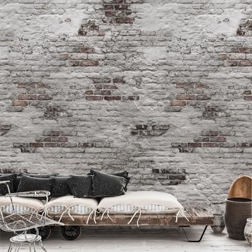 Grandeco Distressed Rustic Real Brick Repeatable Wallpaper Mural 159 x 280cm, Grey and Red