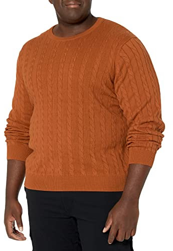 Amazon Essentials Men's Crewneck Cable Cotton Jumper, Rust, S